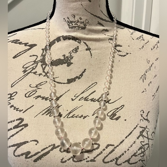 Vintage 24” Hand-Knotted Clear Bead Necklace | Pink Thread | Early Plastic - Picture 2 of 16